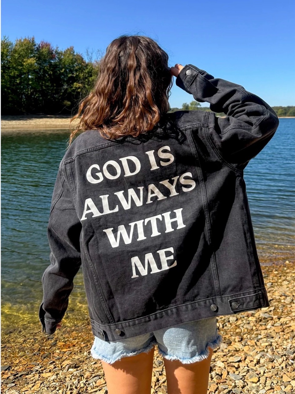 God is always with me, elevated faith, jean jacket